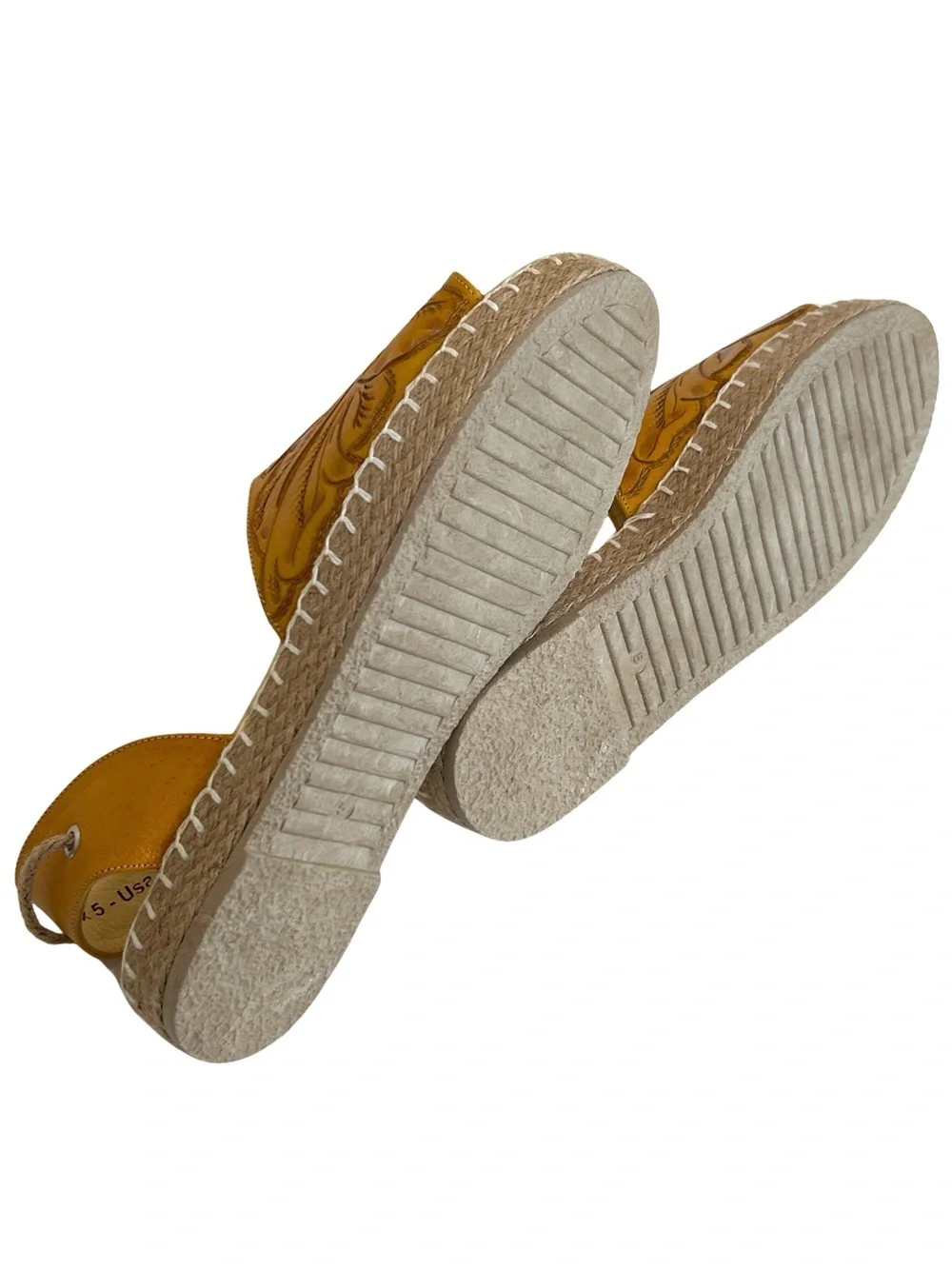 Rare Alexis David Hand Tooled Artisan Leather Espadrille Sandals - 8 - Yellow